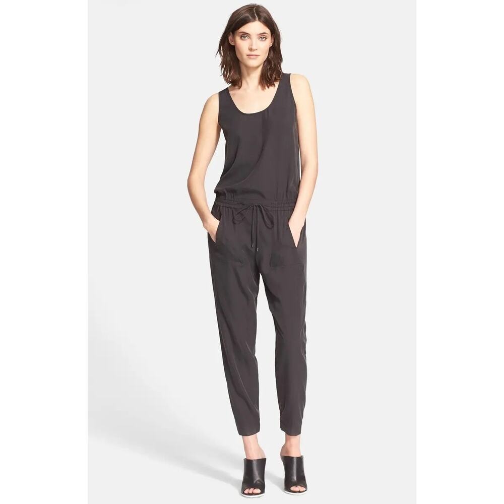 Vince Sleeveless Jumpsuit Size 4 Black Drawstring Waist Relaxed Fit Comfortable‎